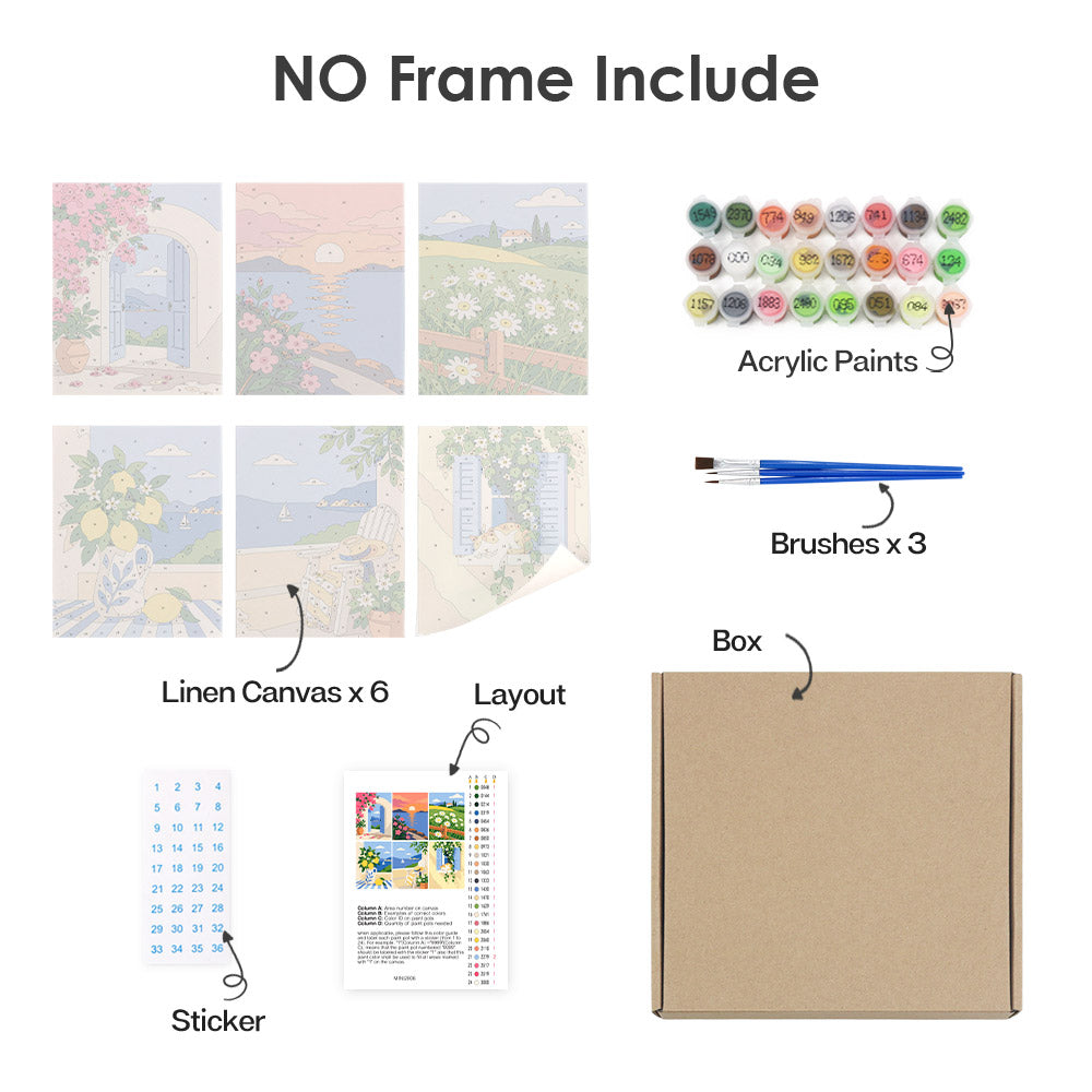 What's included without a frame: six rolled Summer Escapes mini canvases, acrylic paints, three brushes and layout