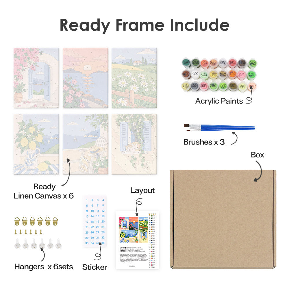 What's included pre-stretched on frame: six framed Summer Escapes mini canvases, paints, three brushes, hangers and layout