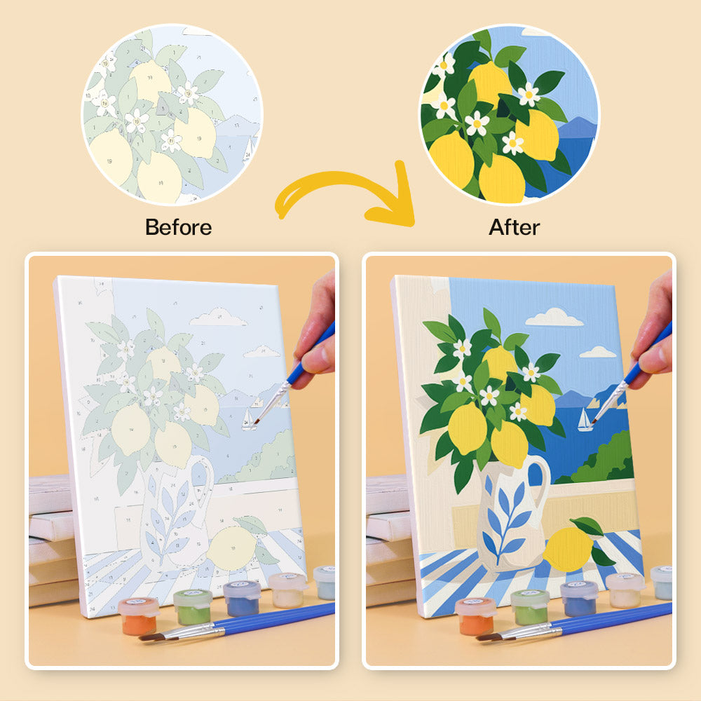 Before and after of a Summer Escapes mini paint by numbers canvas