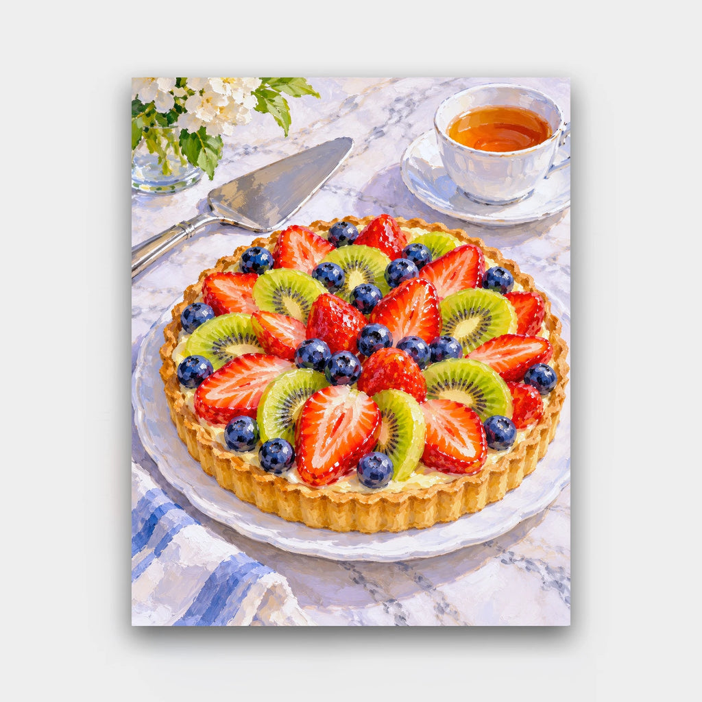 Summer Fruit Tart paint by numbers kit of a glazed tart of strawberries, kiwi and blueberries on marble with a cup of tea