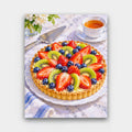 Summer Fruit Tart paint by numbers kit of a glazed tart of strawberries, kiwi and blueberries on marble with a cup of tea