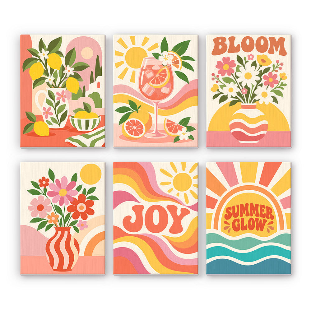 Summer Glow mini paint by numbers set: six retro designs with lemons, a spritz, flowers and Bloom, Joy and Summer Glow lettering