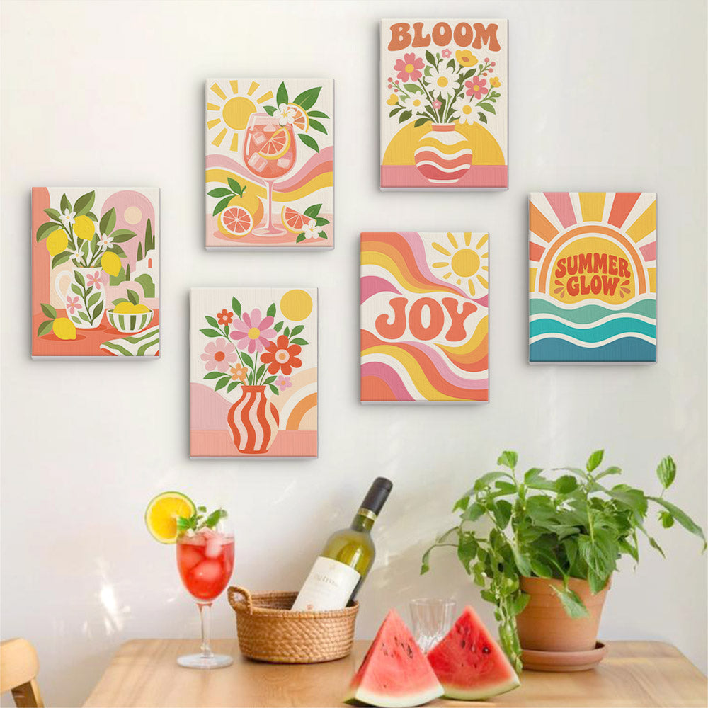 Six finished Summer Glow mini paintings hung on a wall above a table