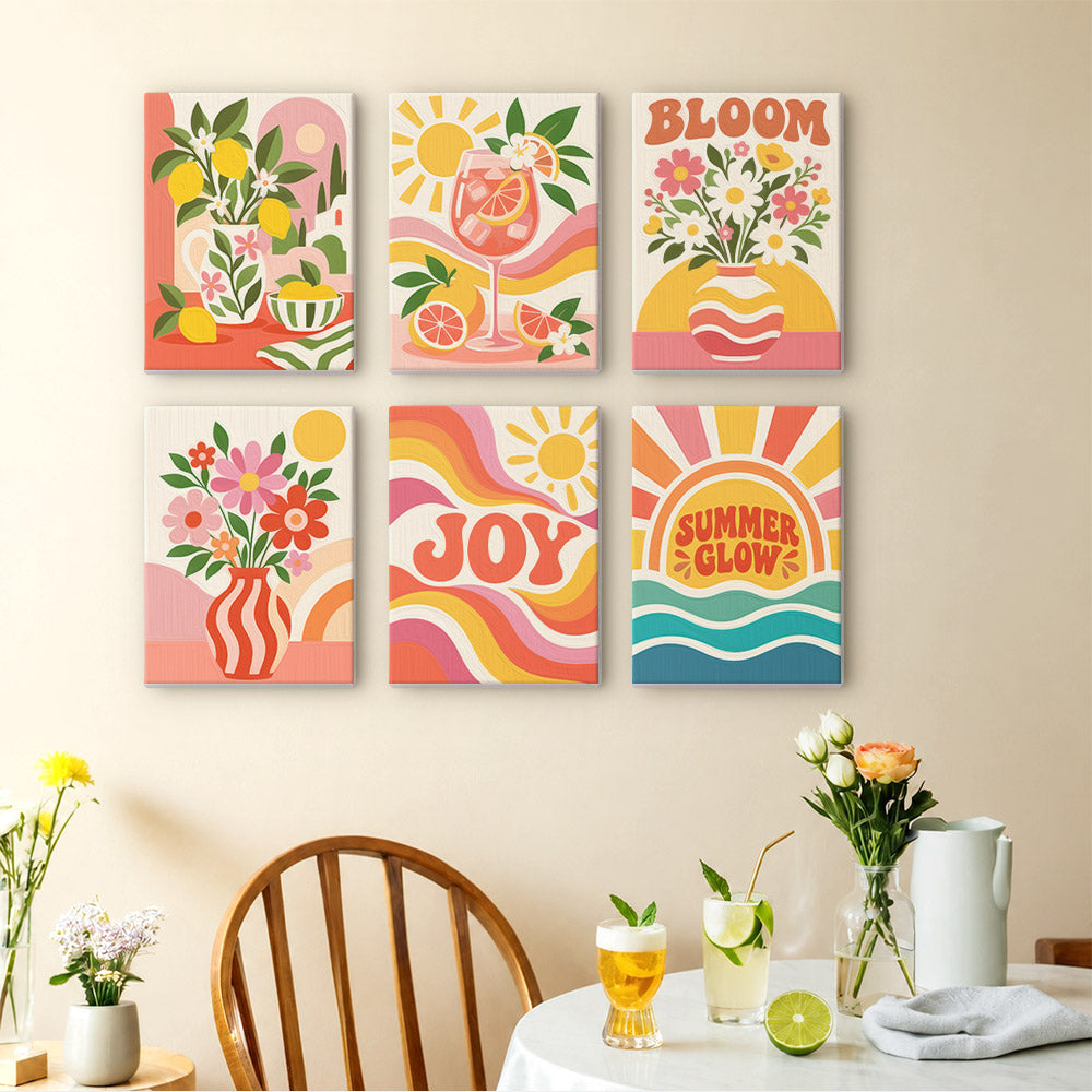 Summer Glow mini paintings displayed as a gallery wall in a sunny kitchen