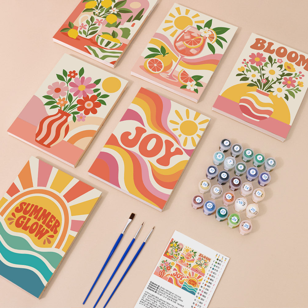 Summer Glow mini paint by numbers kit with six numbered canvases, acrylic paints, brushes and layout