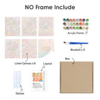 What's included without a frame: six rolled Summer Glow mini canvases, acrylic paints, three brushes and layout