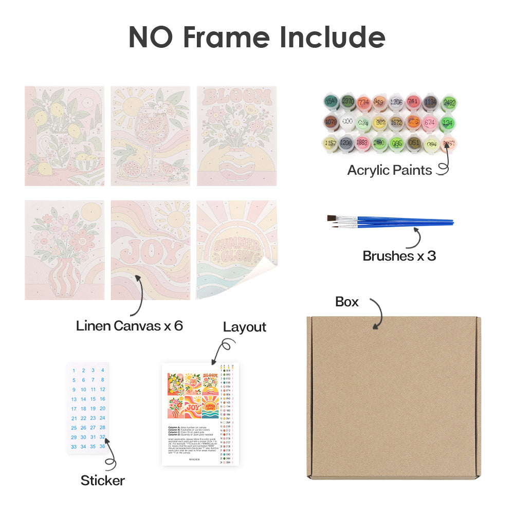 What's included without a frame: six rolled Summer Glow mini canvases, acrylic paints, three brushes and layout