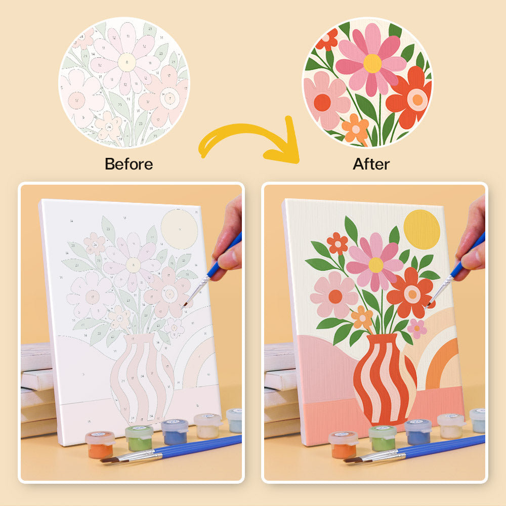 Before and after of a Summer Glow mini paint by numbers canvas