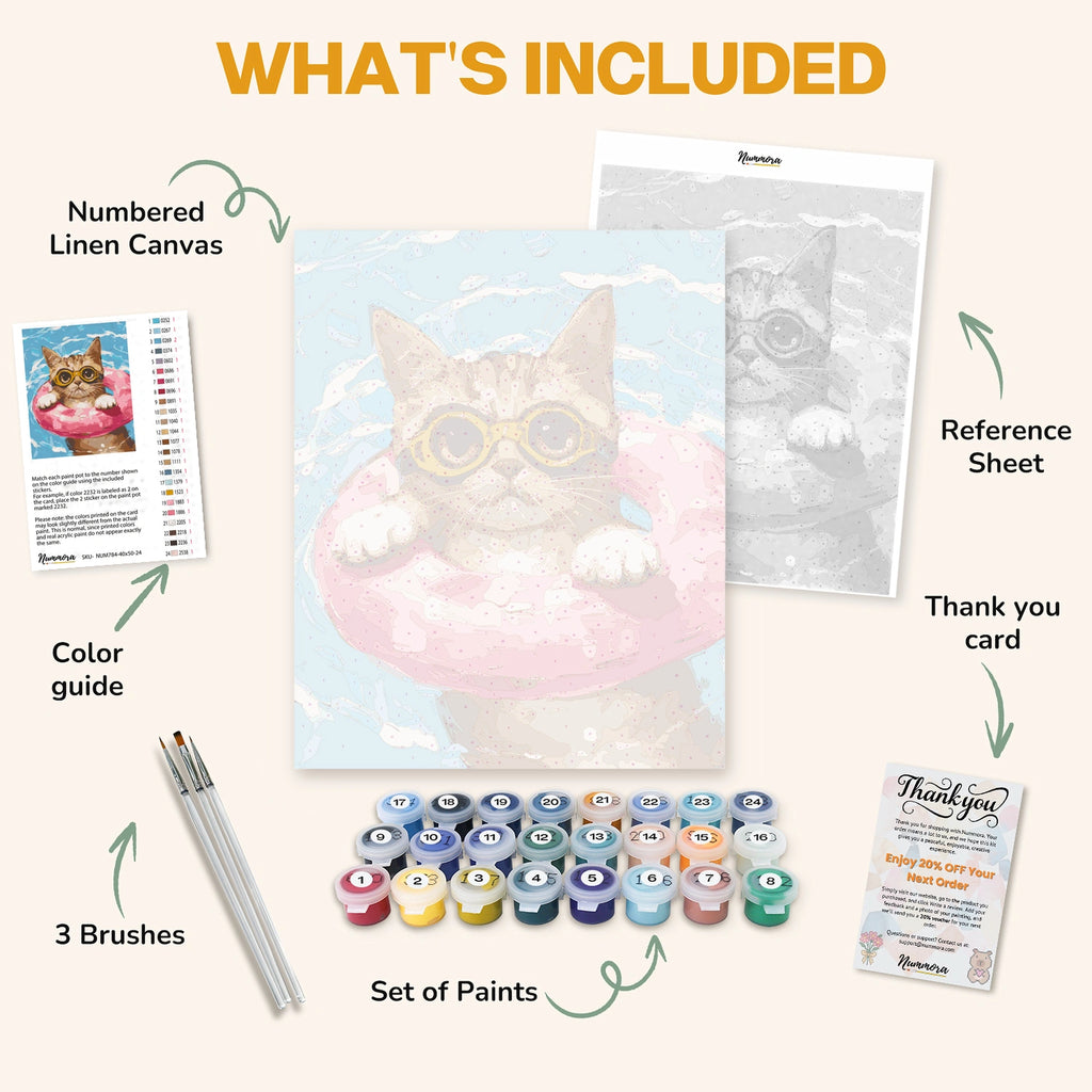 What's included in the Summer Splash paint by numbers kit: numbered linen canvas, reference sheet, color guide, 24 acrylic paints, 3 brushes and thank you card