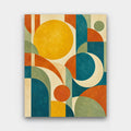 Sun and Moon paint by numbers kit of a mid-century abstract sun and crescent moon in mustard, rust, teal and cream