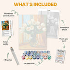 What's included in the Sun-Kissed Petals paint by numbers kit: numbered linen canvas, reference sheet, color guide, 24 acrylic paints, 3 brushes and thank you card
