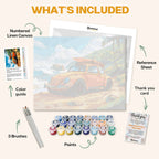 What's included in the Sun, Surf, and the Bug paint by numbers kit: numbered linen canvas, reference sheet, color guide, 24 acrylic paints, 3 brushes and thank you card