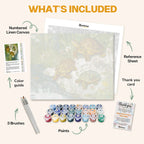 What's included in the Sunbathing Turtles paint by numbers kit: numbered linen canvas, reference sheet, color guide, 24 acrylic paints, 3 brushes and thank you card