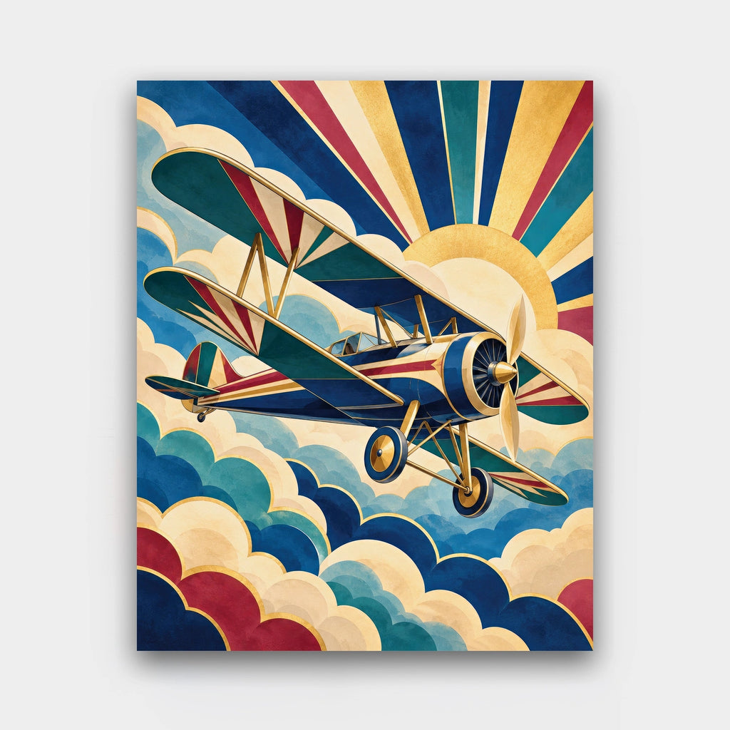 Sunburst Biplane paint by numbers kit of a vintage biplane flying over stylized clouds and a sunburst sky in Art Deco style