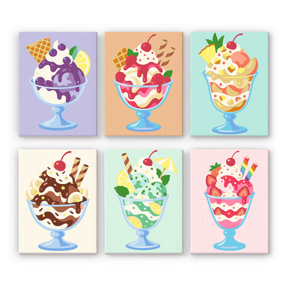 Sundae Parlor mini paint by numbers set: six designs of ice cream sundaes in glass coupes on pastel backgrounds