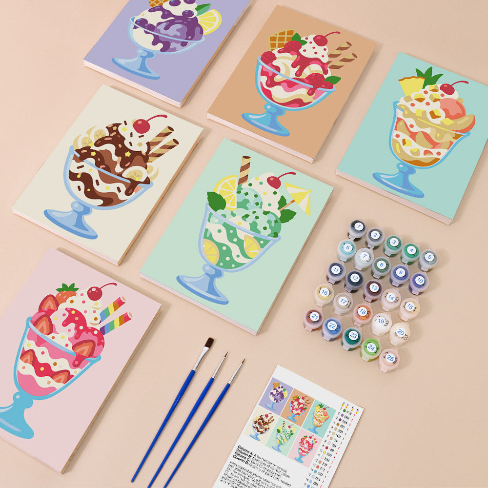 Sundae Parlor mini paint by numbers kit with six numbered canvases, acrylic paints, brushes and layout
