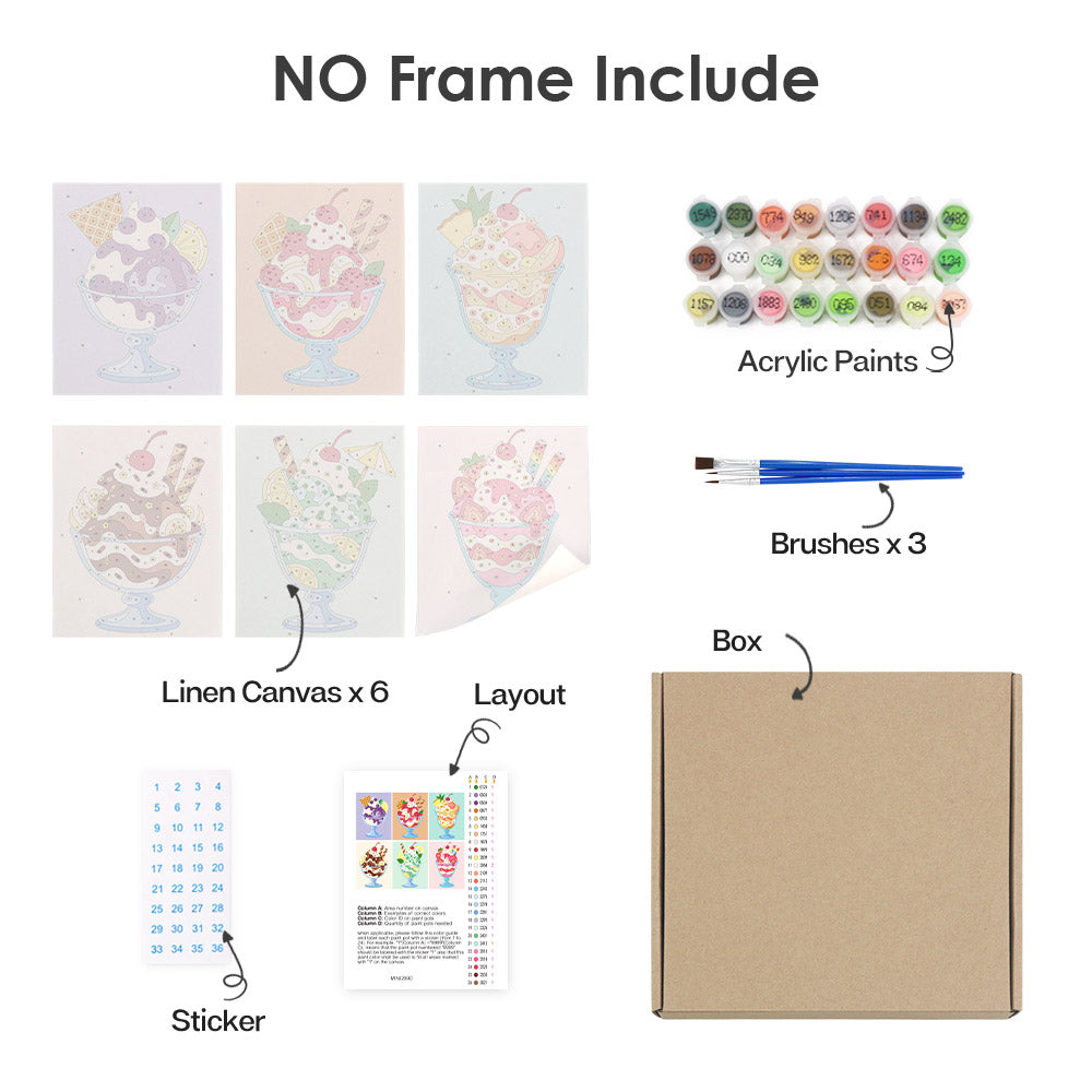 What's included without a frame: six rolled Sundae Parlor mini canvases, acrylic paints, three brushes and layout