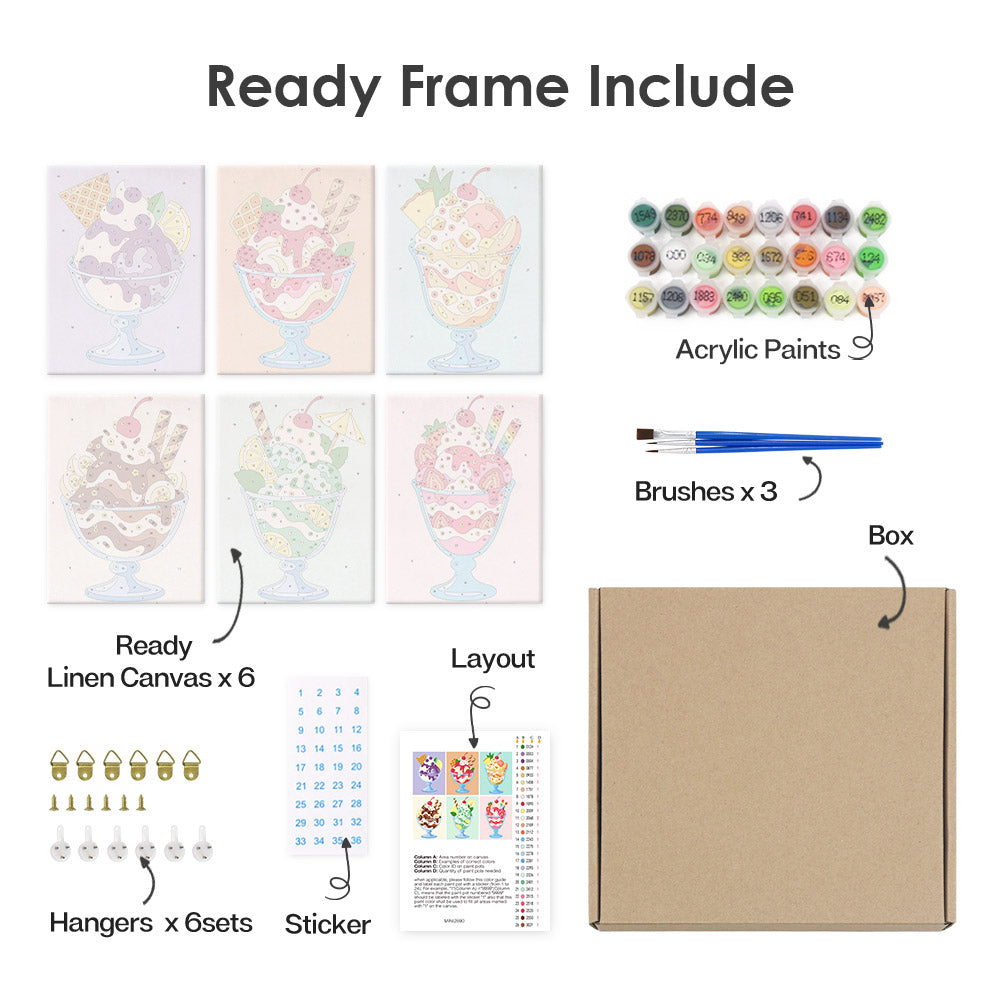 What's included pre-stretched on frame: six framed Sundae Parlor mini canvases, paints, three brushes, hangers and layout