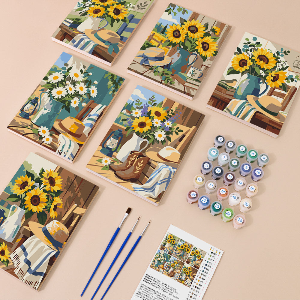 Sunflower Farmhouse mini paint by numbers kit with six numbered canvases, acrylic paints, brushes and layout