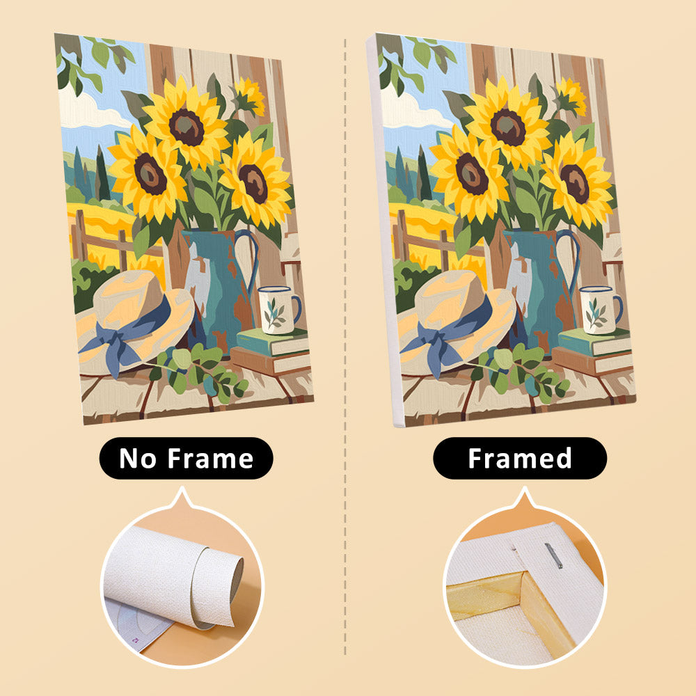 Sunflower Farmhouse mini canvas shown rolled without a frame and pre-stretched on a frame
