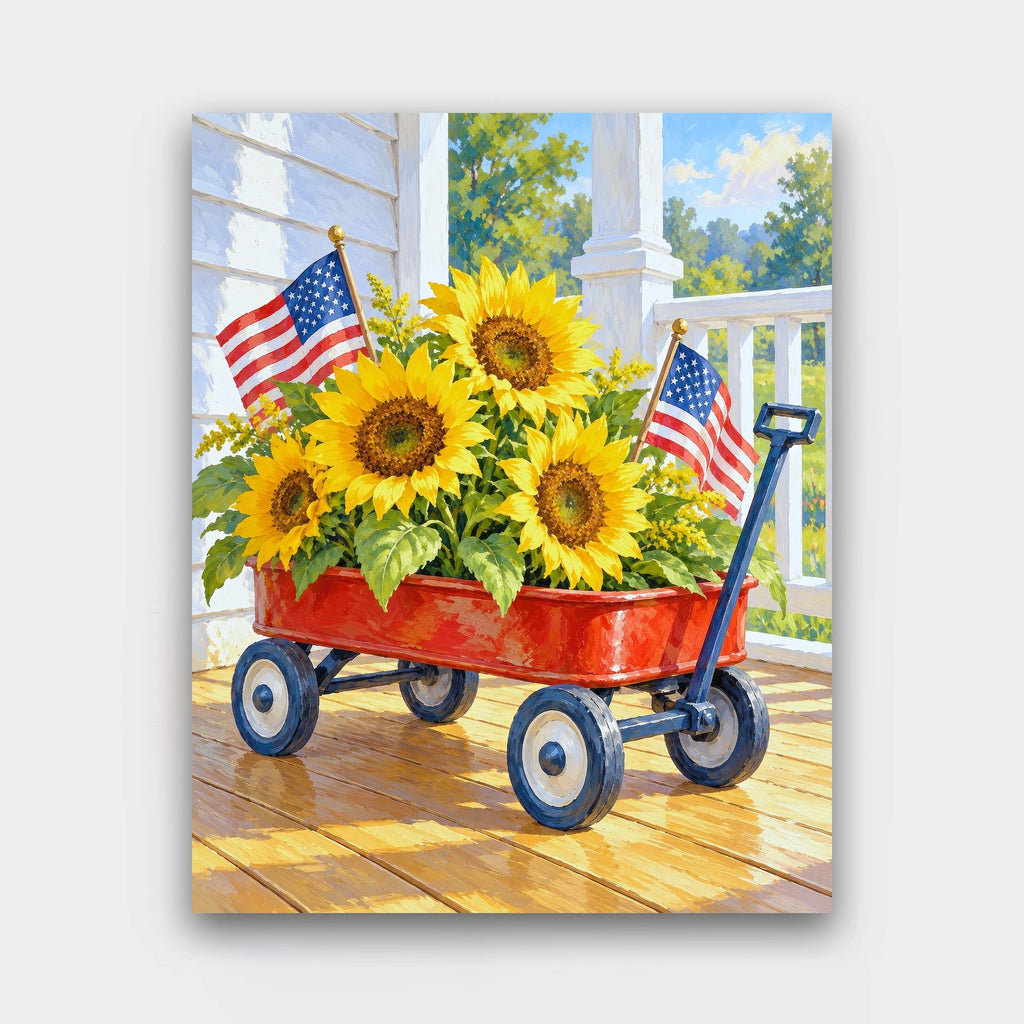 Sunflower Wagon paint by numbers kit of a red wagon with sunflowers and two small American flags on a sunny porch