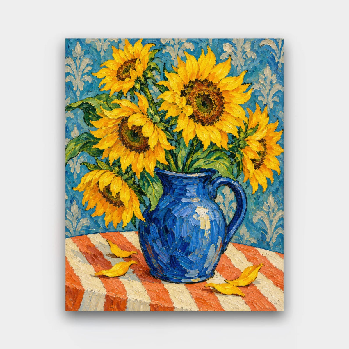 Sunflowers in a Cobalt Jug paint by numbers kit of yellow sunflowers in a cobalt blue jug on a striped orange tablecloth