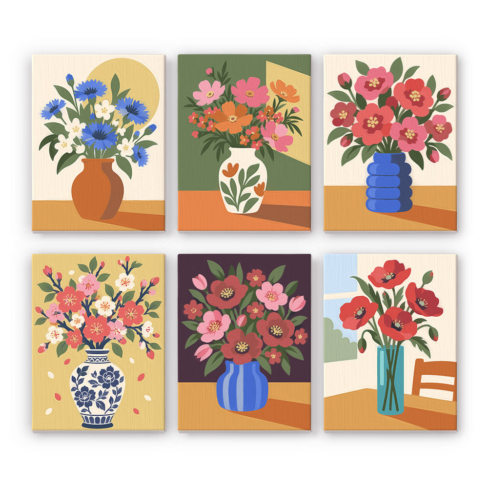 Sunlit Bouquets mini paint by numbers set: six designs of flower bouquets in vases on sunny tables