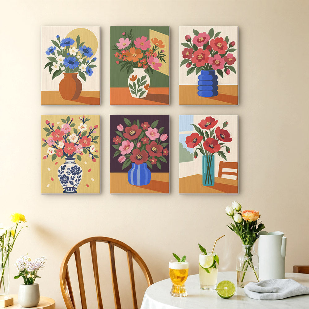 Sunlit Bouquets mini paintings displayed as a gallery wall in a sunny kitchen