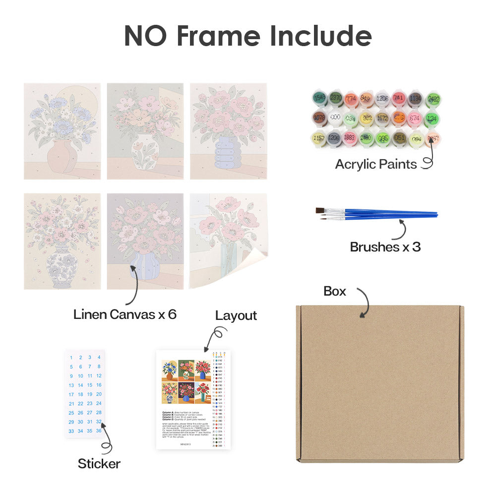What's included without a frame: six rolled Sunlit Bouquets mini canvases, acrylic paints, three brushes and layout