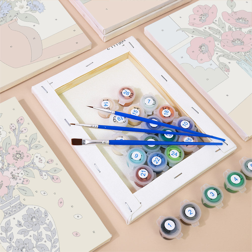 Numbered paint pots and brushes on a pre-stretched Sunlit Bouquets mini canvas
