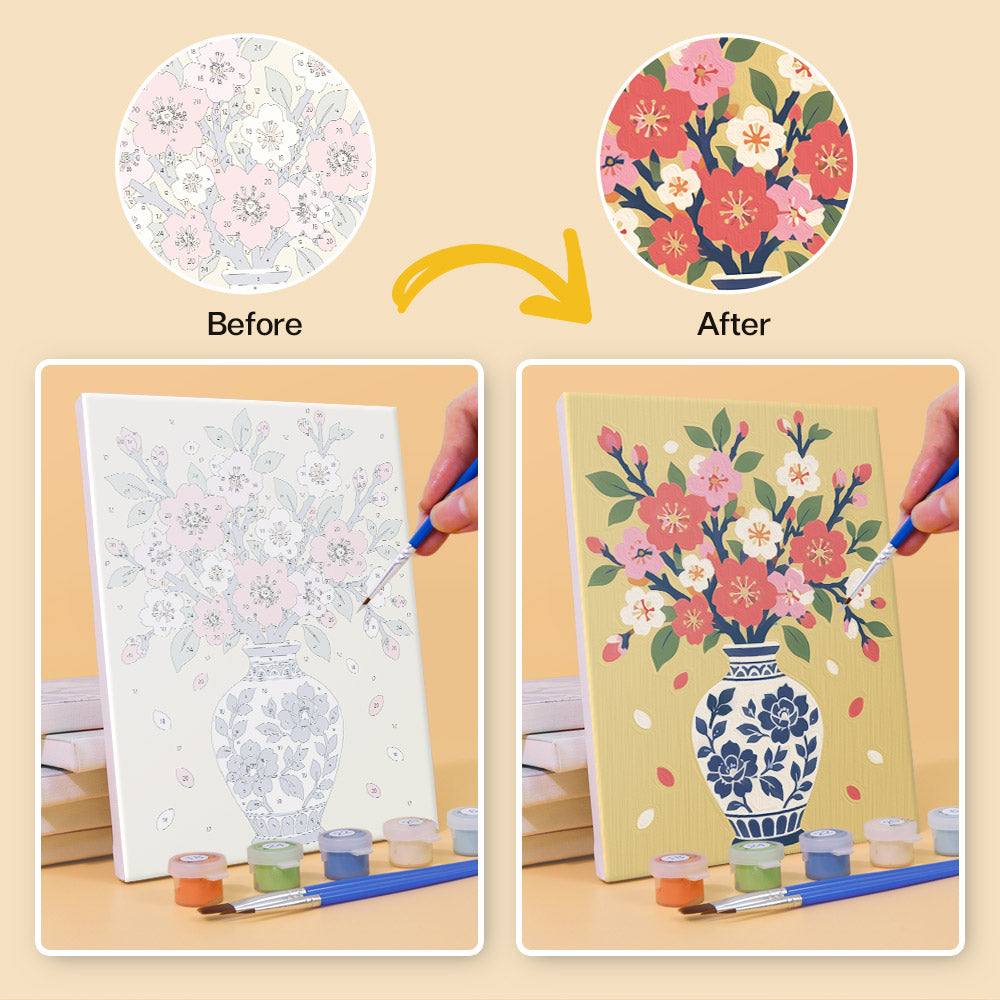 Before and after of a Sunlit Bouquets mini paint by numbers canvas