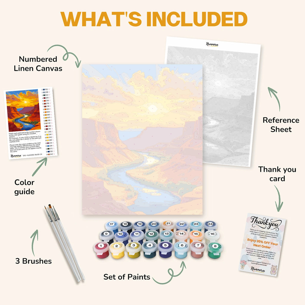 What's included in the Sunlit Canyon paint by numbers kit: numbered linen canvas, reference sheet, color guide, 24 acrylic paints, 3 brushes and thank you card