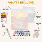 What's included in the Sunlit Canyon paint by numbers kit: numbered linen canvas, reference sheet, color guide, 24 acrylic paints, 3 brushes and thank you card