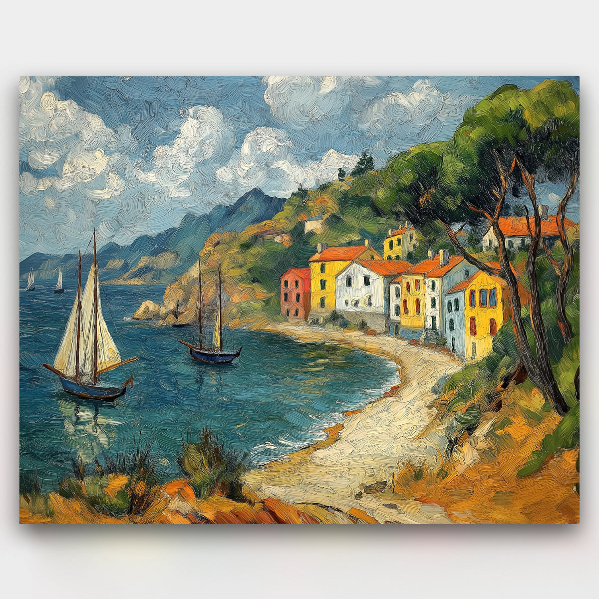 Painting of a coastal scene with houses, trees, and sailboats.