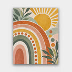 Sunlit Rainbow Arches paint by numbers kit of nested rainbow arches with dots and a sun in terracotta, mustard, sage and cream
