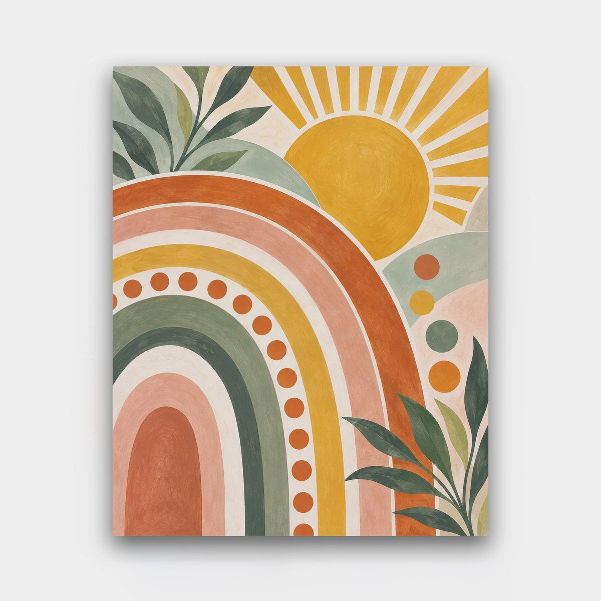 Sunlit Rainbow Arches paint by numbers kit of nested rainbow arches with dots and a sun in terracotta, mustard, sage and cream
