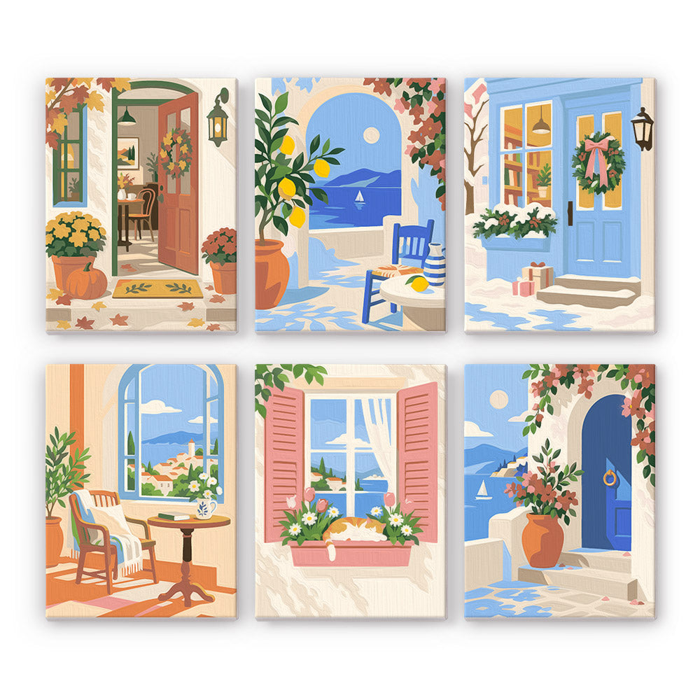 Sunny Doorways mini paint by numbers set: six designs of Mediterranean doors and windows with flowers and sea views
