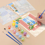 Filling in a Sunny Doorways mini canvas with numbered acrylic paints and a fine brush