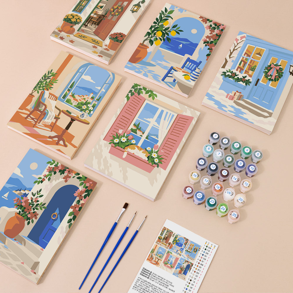 Sunny Doorways mini paint by numbers kit with six numbered canvases, acrylic paints, brushes and layout