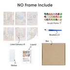 What's included without a frame: six rolled Sunny Doorways mini canvases, acrylic paints, three brushes and layout