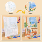Before and after of a Sunny Doorways mini paint by numbers canvas