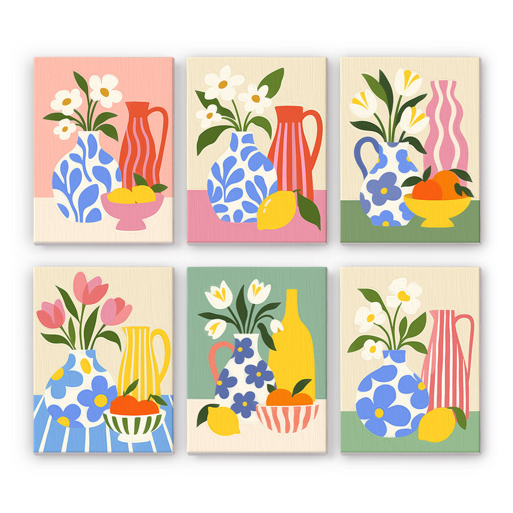 Sunny Kitchen Table mini paint by numbers set: six still lifes of patterned vases, pitchers, flowers, lemons and oranges
