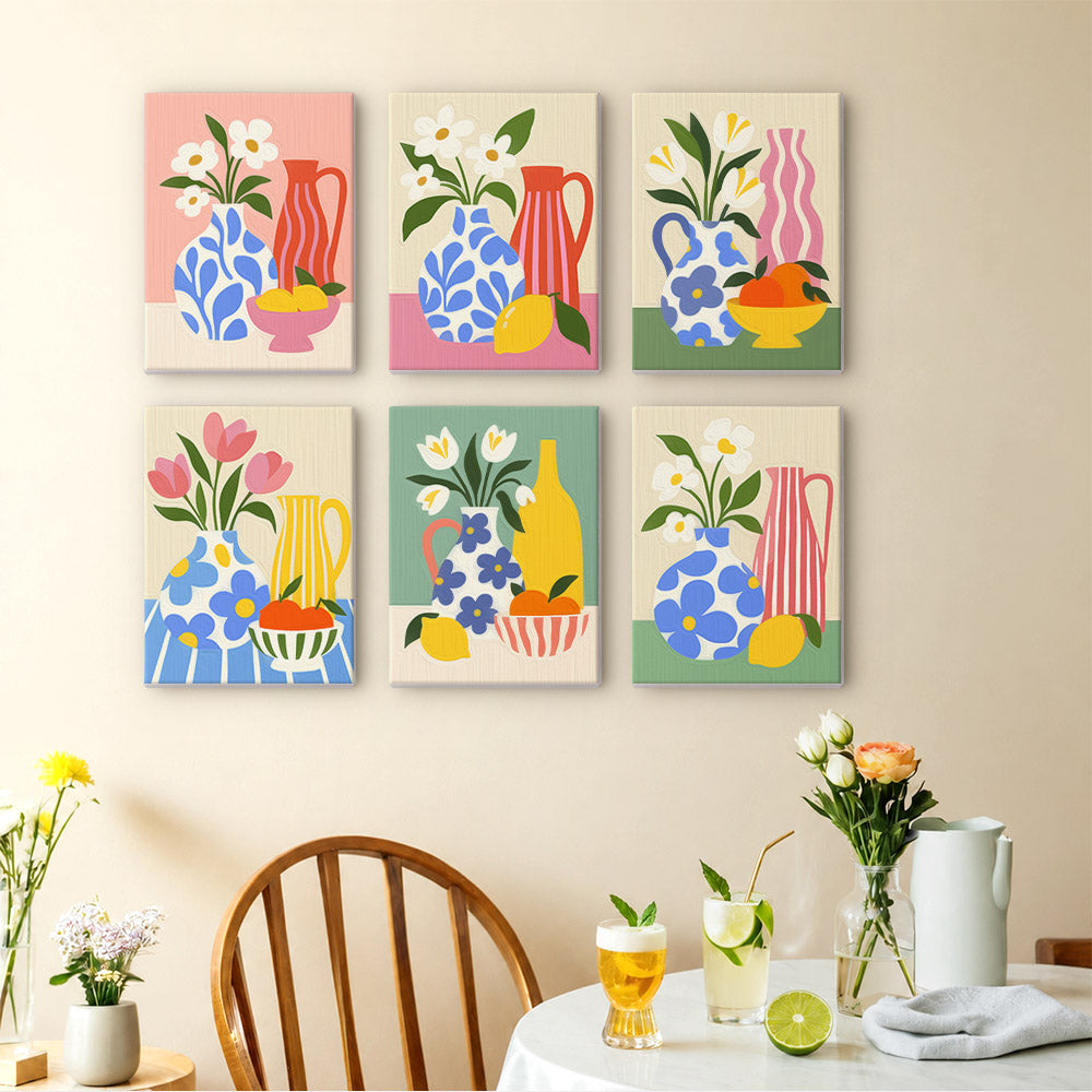 Sunny Kitchen Table mini paintings displayed as a gallery wall in a sunny kitchen