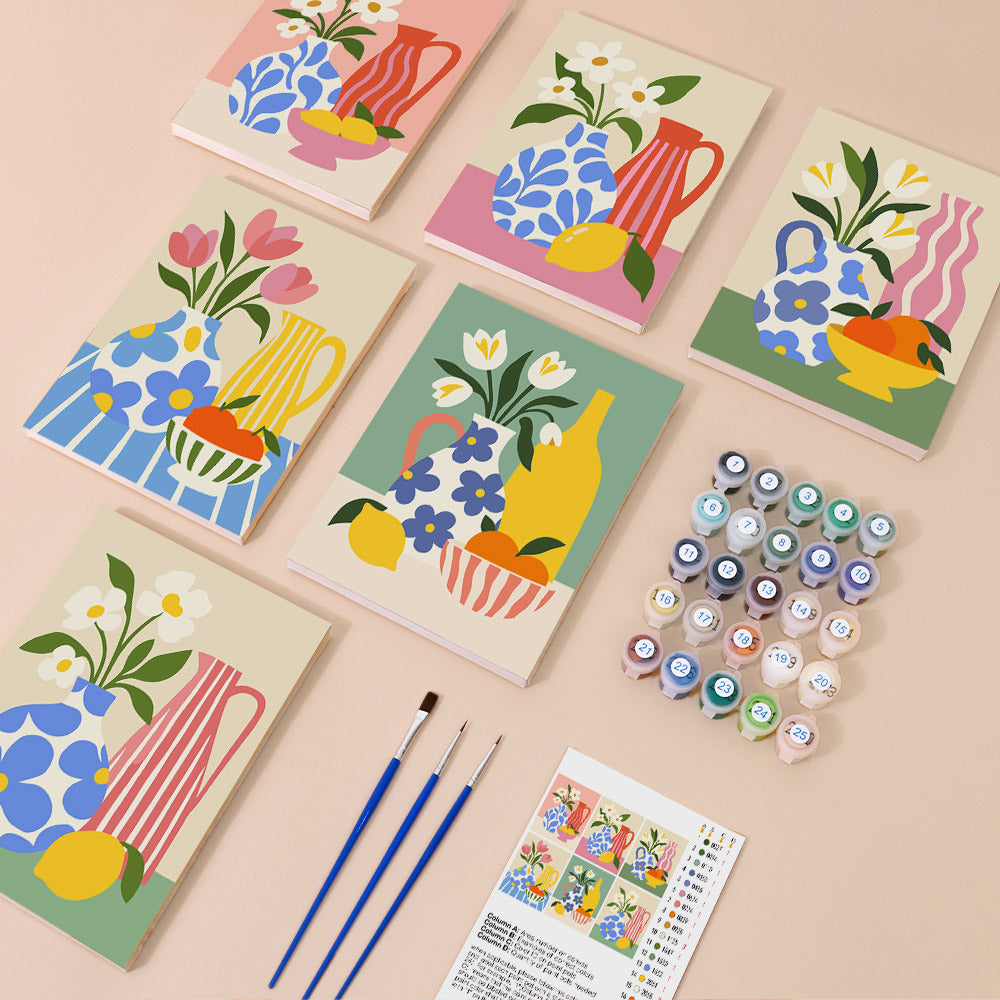 Sunny Kitchen Table mini paint by numbers kit with six numbered canvases, acrylic paints, brushes and layout