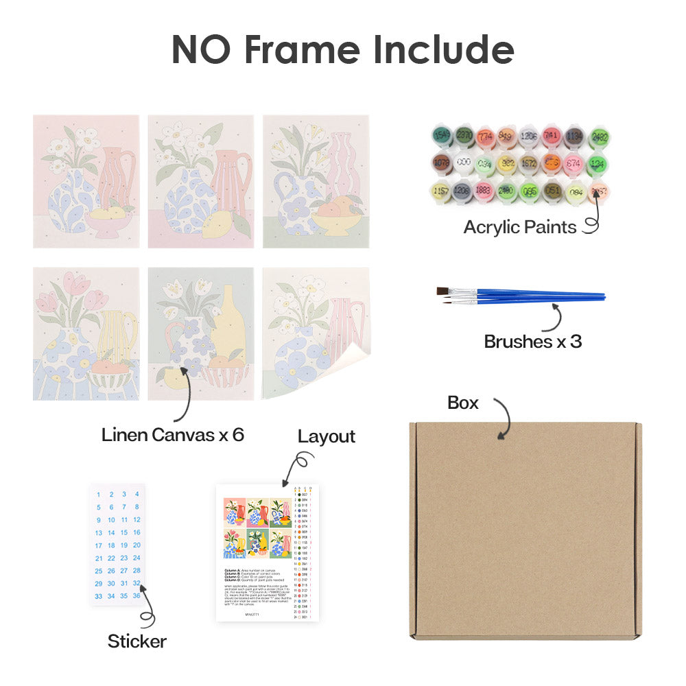 What's included without a frame: six rolled Sunny Kitchen Table mini canvases, acrylic paints, three brushes and layout