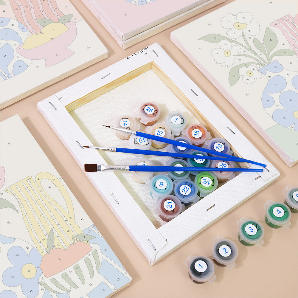 Numbered paint pots and brushes on a pre-stretched Sunny Kitchen Table mini canvas