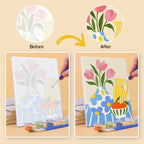 Before and after of a Sunny Kitchen Table mini paint by numbers canvas