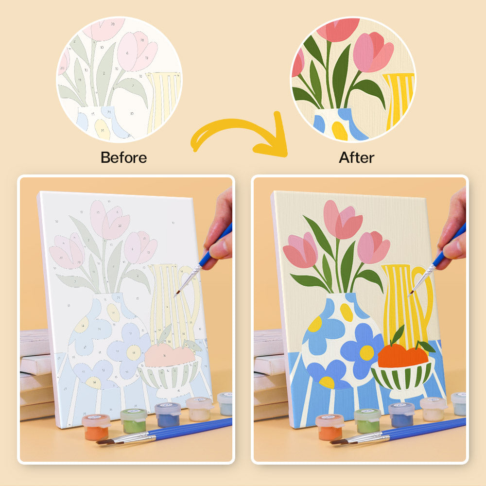 Before and after of a Sunny Kitchen Table mini paint by numbers canvas