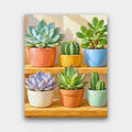 Sunny Succulent Shelf paint by numbers kit of potted succulents and small cacti in colorful pots on a sunny wooden shelf