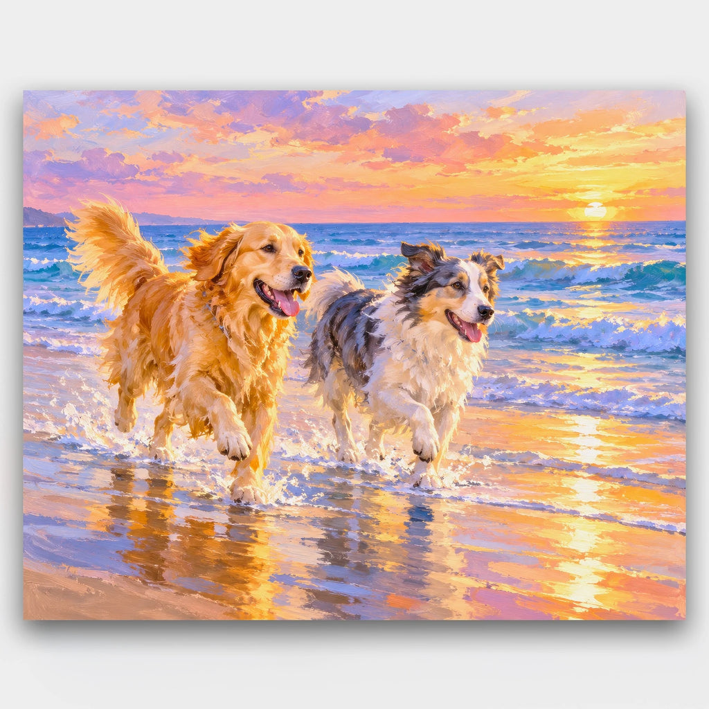 Sunset Beach Run paint by numbers kit of a golden retriever and a merle shepherd running through the surf at sunset